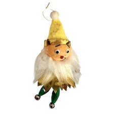 Vintage Yellow Gold Felt Christmas Elf White Beard Ornament Figure Beads Japan picture