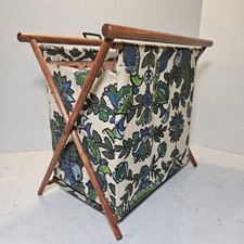 Vintage Folding Knitting Craft Sewing Yarn Basket Organizer Caddy Wood Fabric picture