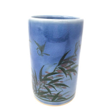 SIAM CELADON VASE Hand Painted Birds Leaves Blue Green Ash Glaze Art Pottery picture