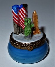 LIMOGES FRANCE BOX- NEW YORK CITY - TWIN TOWERS - STATUE OF LIBERTY - U. S. FLAG picture