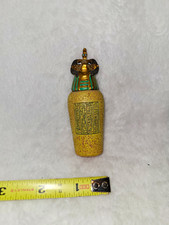 Egyptian Canopic Jar Figurine, Animal Head, Hieroglyph Design, Green/Gold 4 in picture
