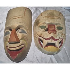 Vintage Mexican Folk Art Carved Wood Wall Masks Pair Hand Painted Mid Century picture