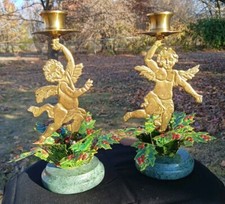 Petites Choses Tole Brass & Enamel Christmas Angels Candle Holders Marble Bases picture