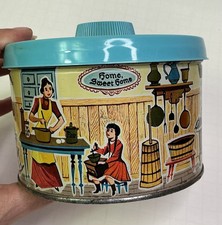Vtg 1960 Mrs Leland’s Golden Butter Bits HOME SWEET HOME Tin W/ Teal Plastic Lid picture