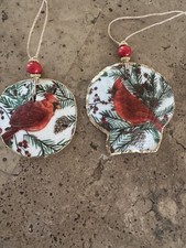 Decoupaged set of two shell/sand dollar Ornaments with RED CARDINALS picture