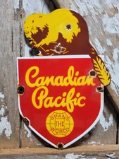 VINTAGE CANADIAN PACIFIC RAILWAY PORCELAIN SIGN OLD TRAIN RAILROAD CANADA BEAVER picture