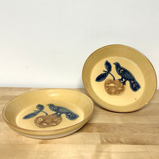 Vtg Pfaltzgraff America Set of 2 Pie Plates Stoneware Bird Apple FolkArt 576 USA picture