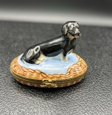 Vintage Artoria Limoges Black and Tan Dachshund Dog in a Basket Trinket Box￼ picture