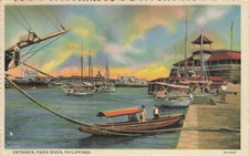 Vintage Pasig River Philippines Postcard Manila Boats Curteich-Chicago picture