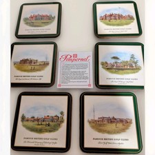 Vtg Original Famous British Golf Clubs Set of 6 Coasters Pimpernel Cork Backed picture