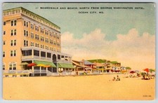 1930-50's BOARDWALK & BEACH from GEORGE WASHINGTON HOTEL OCEAN CITY MD POSTCARD picture