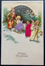Santa Claus with Baby Jesus~Silk Angels~Sled~Antique~Christmas Postcard~k-275 picture