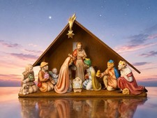 Goebel West Germany 1980s 12-Piece Porcelain Nativity Set With Wood Creche picture
