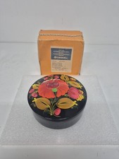 Vintage USSR Round Wood Box Hand Painted Flowers Black 5.25