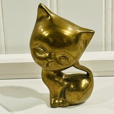 Vintage Solid Brass Cat Figurine Mid Century Modern Whimsical MCM picture