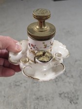 Old Rare Antique 1839 French Porcelain pump inkwell and feather Quil Pen holder picture