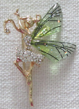 Dancing Fairy Brooch Pin Green Wings with Rhinestones picture
