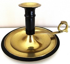 Vintage Mid-20th Century Brass & Black Enamel Chamberstick Candle Holder ~ VG picture