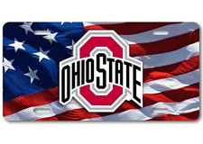 Blck, Gray & Red Ohio State on USA Flag on Metal FLAT License Plate 12
