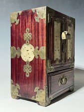 Vintage Chinese Rosewood Jewelry Box With Brass And Jade and Lock with 5 Drawers picture