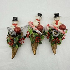 Vintage Cornucopia Holly Snowman Candy cane  Christmas Ornaments Set 3 picture