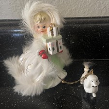 HTF VTG NAPCO w/TAG CHRISTMAS SHOPPER GIRL & POODLE DOG FUR TRIM FIGURINE AX4642 picture