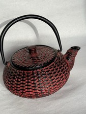 Red Cast Iron Tetsubin Style Teapot Enameled Interior Tea Pot w/ Infuser VTG picture