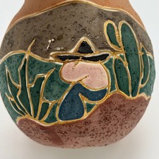 Vintage ACEVLOZA Mexican Pottery Vase Hand Painted Siesta Cactus Gold Trim 5x4 picture