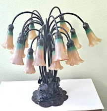 Vtg Tiffany Style Lily Pad 18 Light Table Lamp Tulip Green Amber Shade 22.5 READ picture