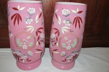 Antique Cased Pink HAND PAINTED Victorian Vases Pair Vintage 11 3/4