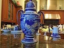 Gorgeous Porcelain Cobalt Blue Asian Bird Handled Lidded Urn picture