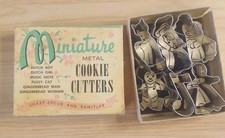 Vintage 1950's Miniature Metal Cookie Cutters Shape-Edged w/Box Cat Music Woman picture