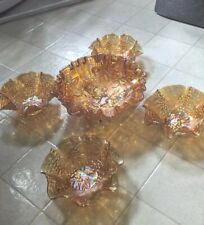 Vintage Imperial Wild Rose Marigold Carnival Glass Ruffled Rim Bowl Set Of 5 picture