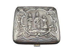 Antique Asian Export Silver Cigarette Case Gilt Interior Figural Design 149g picture