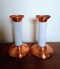 Pair Of Vtg Tayee Copper Candle Hilders Copper Base& Top W/marble Pillars 7.5