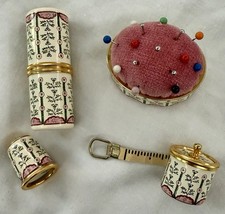 Vintage Halcyon Days Enamels 4 Pc Sewing Set Mint In Boxes Pin Cushion Thimble picture