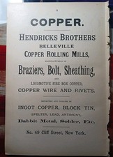 ~1896 Print Advertising HENDRICKS BROTHERS COPPER ROLLING MILLS Belleville NJ picture