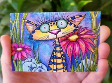 ACEO Original Painting OOAK - Pretty Garden - Cats - Bartshe picture