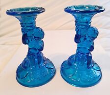 Aqua Blue 60’s Pressed Glass Cherub Candlesticks 7 1/4