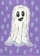ACEO Original Acrylic Painting Happy Ghost Halloween Spooky Cute Folk Art Signed picture