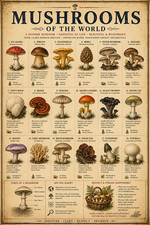 Mushrooms of the World Poster 13x19 – Vintage Mushroom Species Chart Botanical picture