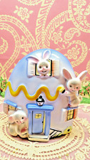 Vtg RELPO Three Blue Baby Bunny Rabbits EGG HOUSE Cottage Planter With Bunnies picture