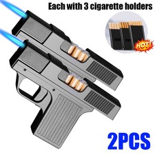 2pcs CIGARETTE STORAGE Jet Flame Lighter Gun/Pistol Cigar Case Butane Pipe BBQ picture
