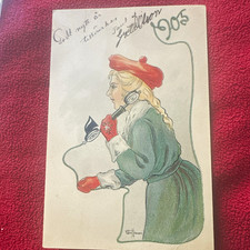 Signed Elsa Hammar Artist Postcard Woman antique VTG Telephone Signed 1905 picture