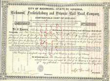 1885 RICMOND, FEDERICKSBURG & POTOMAC RAILROAD CO, Stock Certificate  -- RARE picture