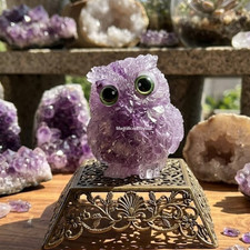 Natural Amethyst Crystal Owl Carving Birds Figurine Decor Healing Stone Animals picture