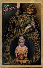 Vintage RPPC Hand Tinted Girl, Pumpkin Man, JOL, Broom Halloween Postcard RARE picture