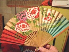 Vintage Asian Hand Painted Fan Floral Peonies Buttercup Paper Bamboo Fan picture