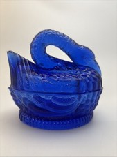 Vintage HSINCHU GLASS / AA Imports Cobalt Glass Swan Lidded Trinket Candy Dish picture