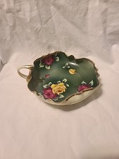 Vintage Nippon Hand Painted Green With Flowers Gold Trimmed Trinket Dish 6